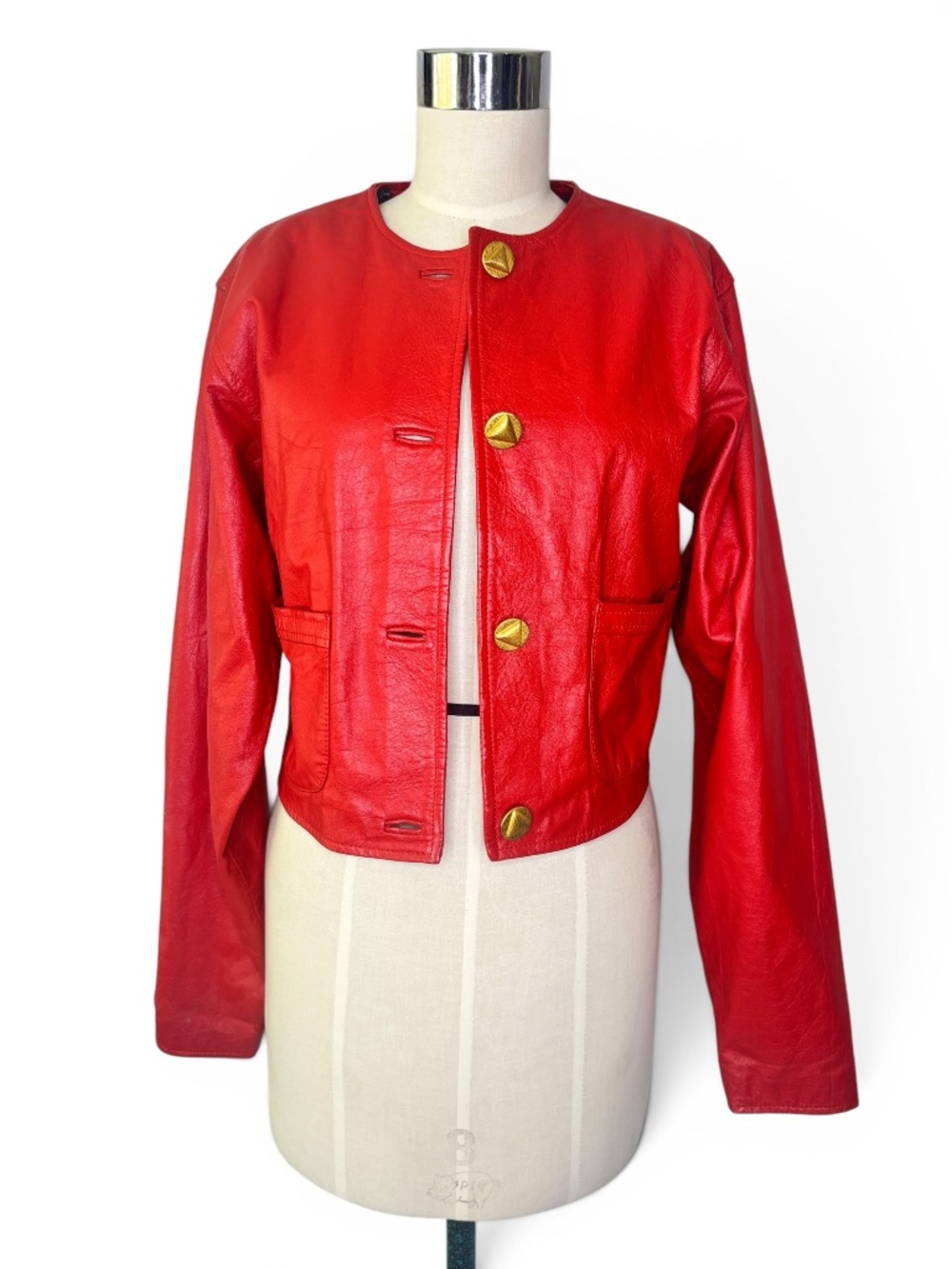 Vintage Bermans Red Leather Cropped Jacket with Gold Geometric Statement Buttons